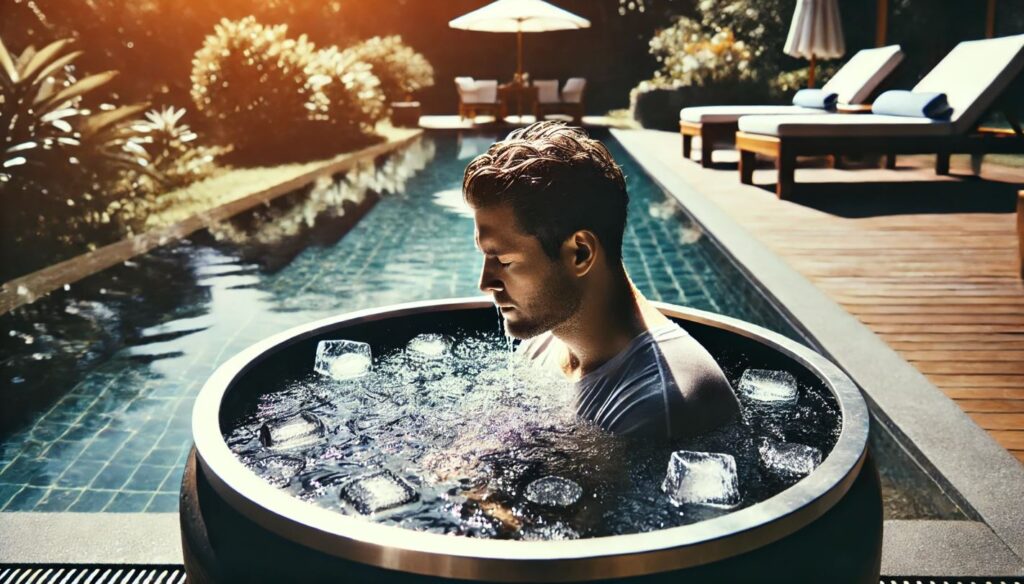 Un homme submergé dans un bain froid rempli de glaçons, dans un cadre extérieur paisible avec une piscine à l'arrière-plan. L'image montre l'effet relaxant et revigorant d'un bain glacé pour le corps.