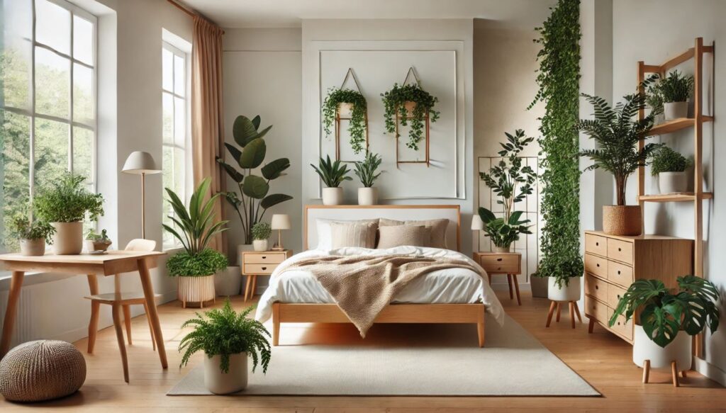 Chambre moderne avec un lit en bois et une décoration minimaliste. Les plantes artificielles en pot sont disposées autour de la pièce, ajoutant une touche de verdure. De grandes fenêtres laissent entrer la lumière naturelle, créant une ambiance paisible et rafraîchissante.