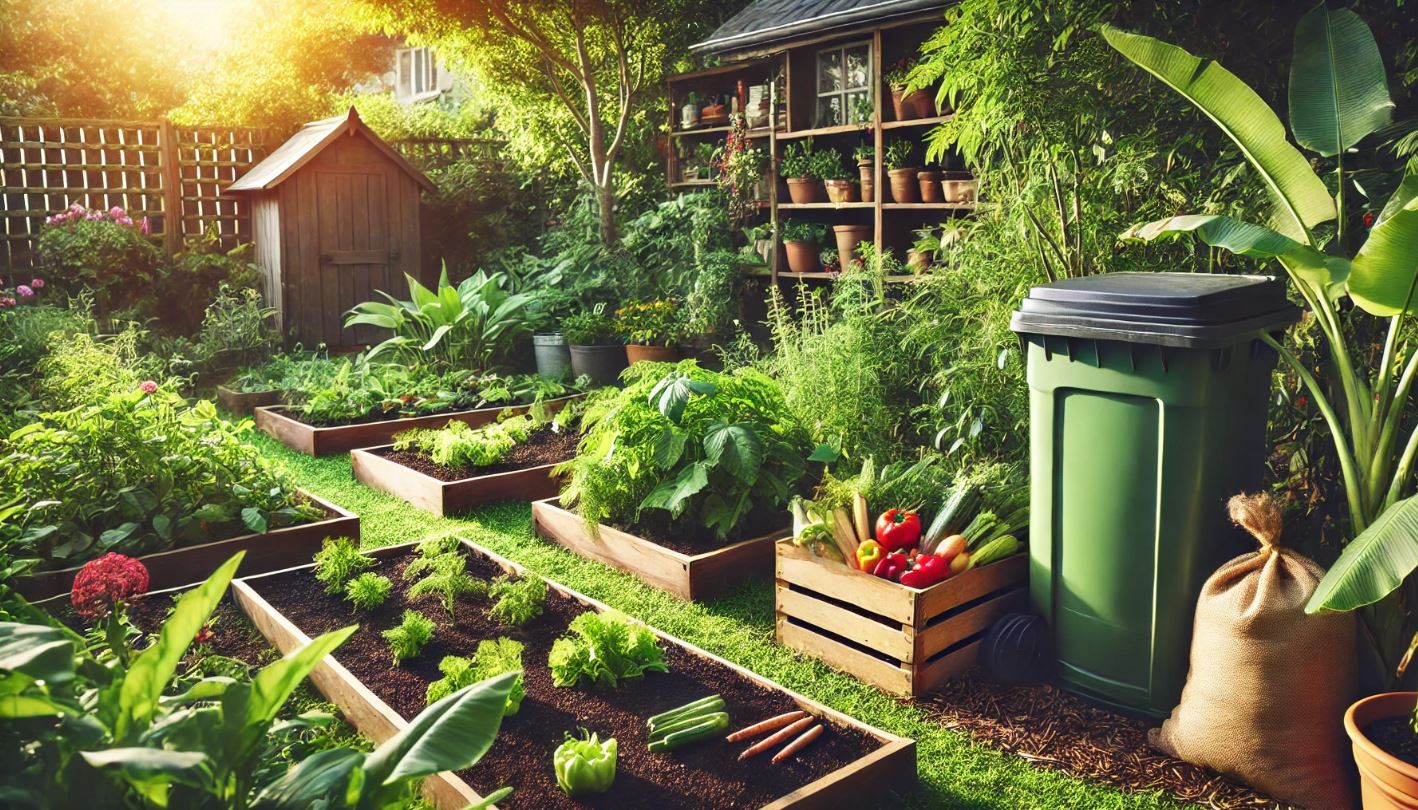 Jardin écologique avec un composteur vert placé près de légumes cultivés dans des bacs de culture. Des légumes frais et des déchets organiques sont à côté du composteur, montrant l'importance du recyclage des déchets organiques dans le jardinage durable.