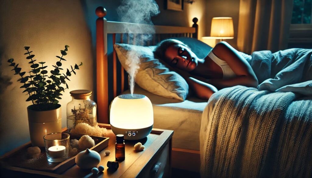 Une personne endormie dans une chambre calme avec un diffuseur d'huiles essentielles sur la table de chevet. Le diffuseur dégage une lumière douce et une brume apaisante, créant une atmosphère relaxante propice à un sommeil profond.