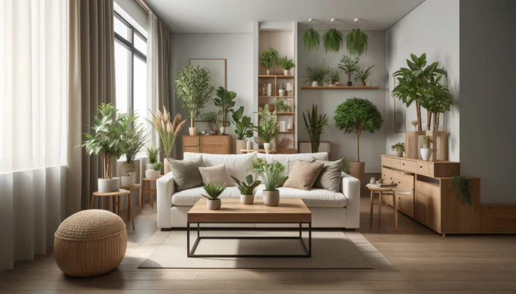 Un espace combinant un salon et un bureau, décoré avec de nombreuses plantes artificielles. Le canapé blanc et la table basse en bois sont entourés de plantes en pot, ajoutant de la verdure à l'espace de travail minimaliste. La lumière naturelle illumine la pièce, créant une ambiance chaleureuse et rafraîchissante.