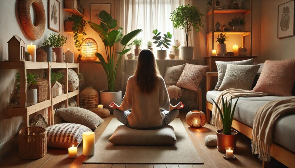 Un espace de relaxation à la maison avec une personne méditant sur un coussin, entourée de plantes d'intérieur, de bougies et de décor naturel. L'atmosphère est calme et apaisante, parfaite pour la méditation.