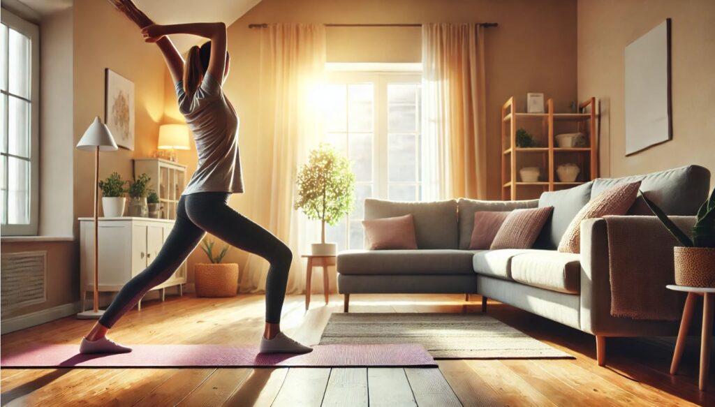 Individu faisant des exercices de yoga au lever du soleil dans un salon lumineux et confortable, prêt à commencer la journée avec énergie.