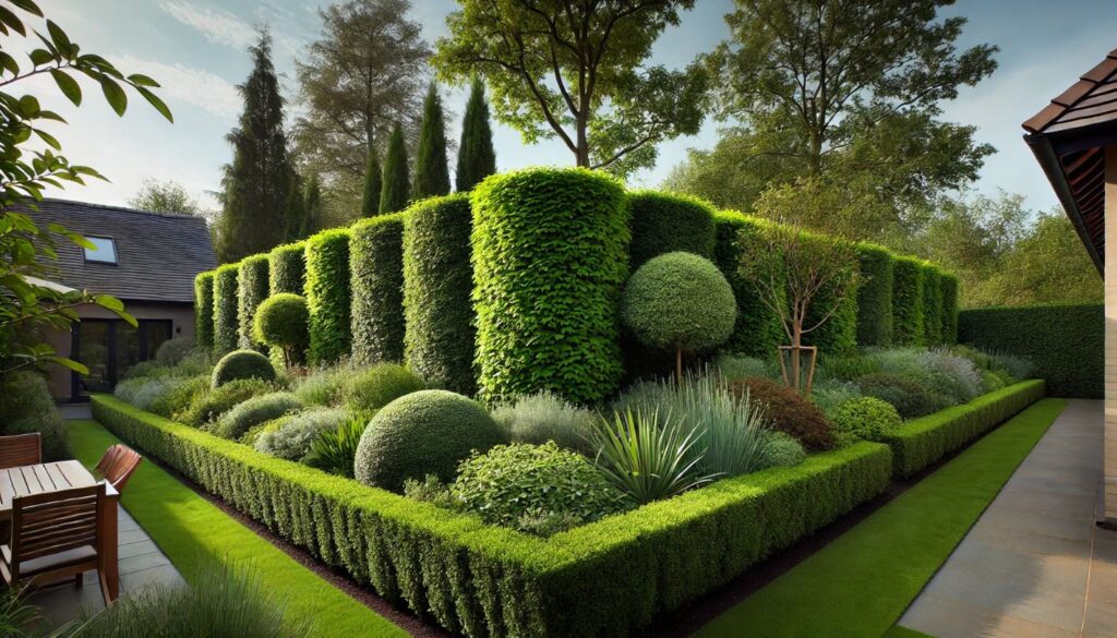 Jardin avec une haie naturelle bien entretenue et taillée, utilisée pour délimiter l'espace extérieur. La haie dense et verte entoure le jardin, offrant une solution écologique pour la séparation et la protection de l'intimité