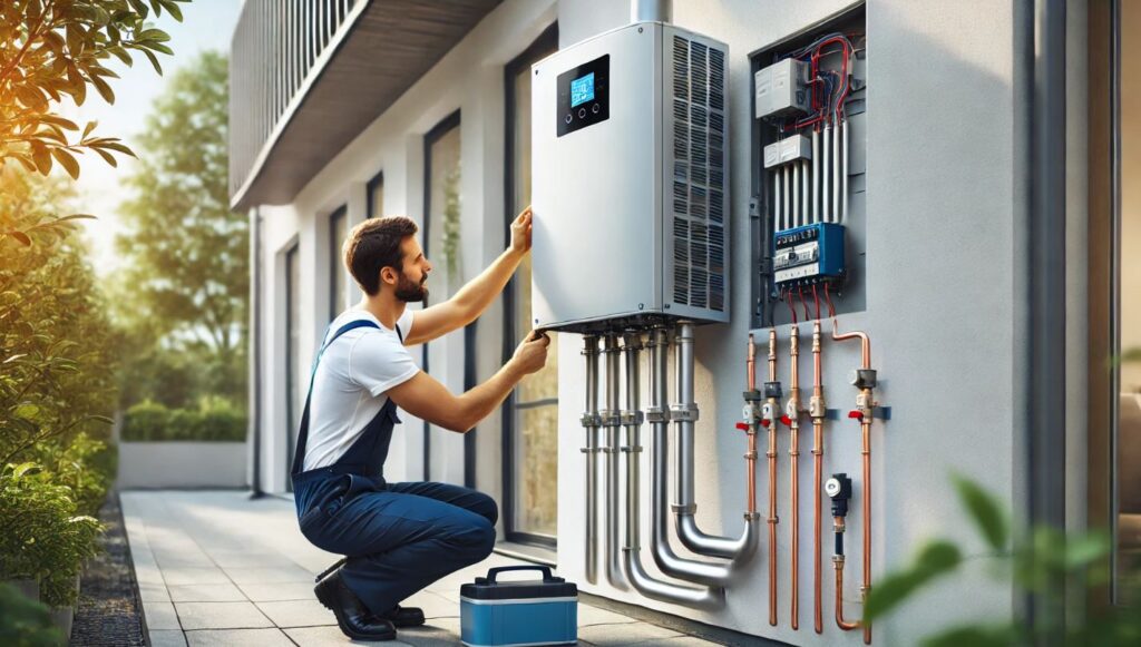 Un technicien installe une pompe à chaleur à l'extérieur d'une maison moderne. Il travaille sur les raccordements des tuyaux et composants électriques, montrant le processus de remplacement d'une vieille chaudière par une solution plus écoénergétique.