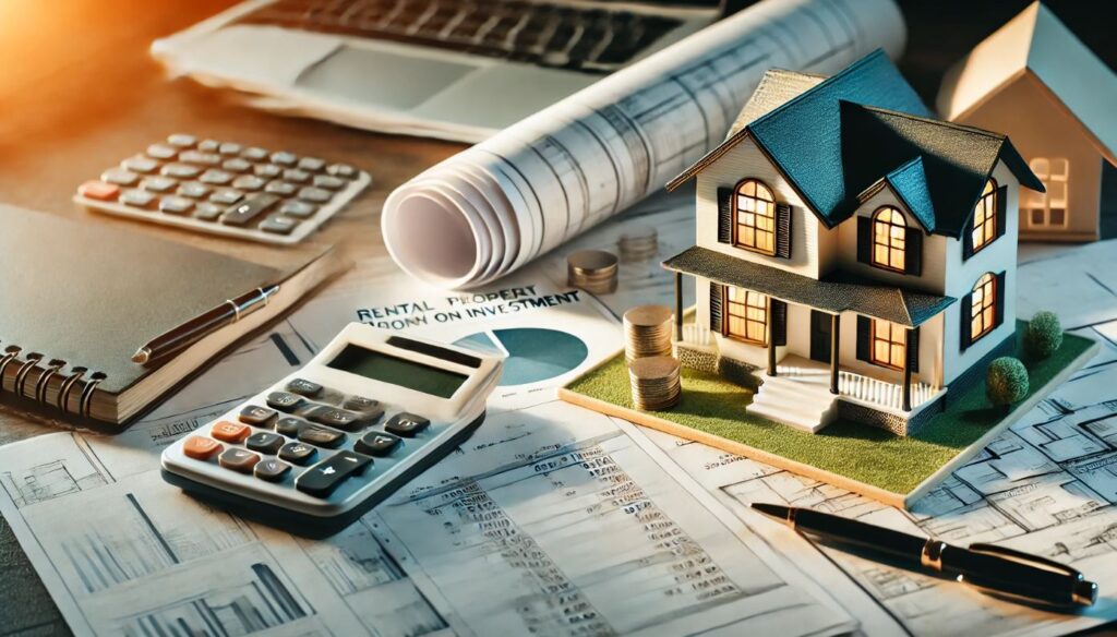 Maquette d'une maison de location posée sur des plans architecturaux, entourée de documents financiers, d'une calculatrice et d'un ordinateur, représentant l'analyse de la rentabilité d'un investissement locatif.