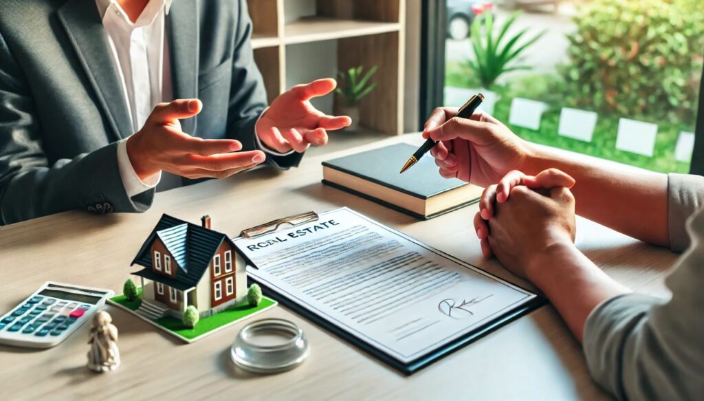 Deux personnes discutant autour d'une table avec une maquette de maison, des documents immobiliers et une calculatrice, représentant la négociation du prix d'un bien immobilier.