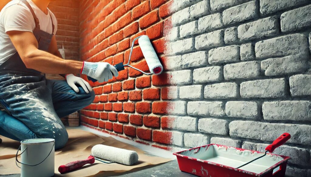 Un homme applique de la peinture blanche sur un mur en briques rouges à l'aide d'un rouleau. Le processus de transformation d'un mur en briques est en cours, avec une partie du mur encore visible en rouge et l'autre recouverte de blanc.