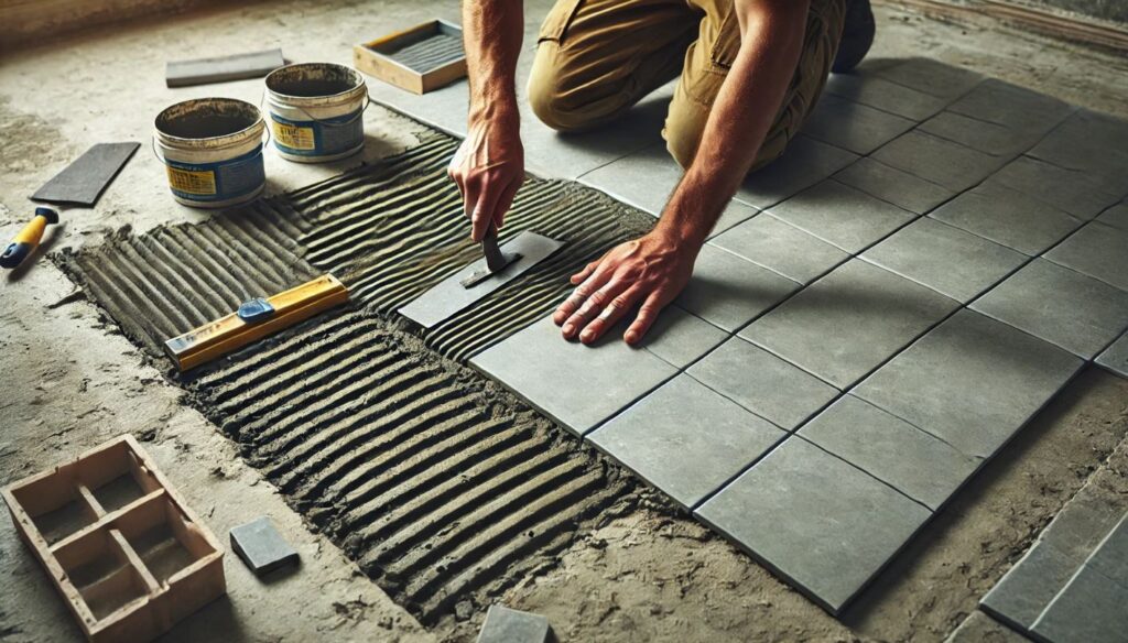 Un ouvrier appliquant de la colle à carrelage avec une spatule crantée sur un ancien sol en béton, puis posant soigneusement des carreaux gris. Des outils et des pots de colle sont visibles, montrant le processus étape par étape de la pose du carrelage.