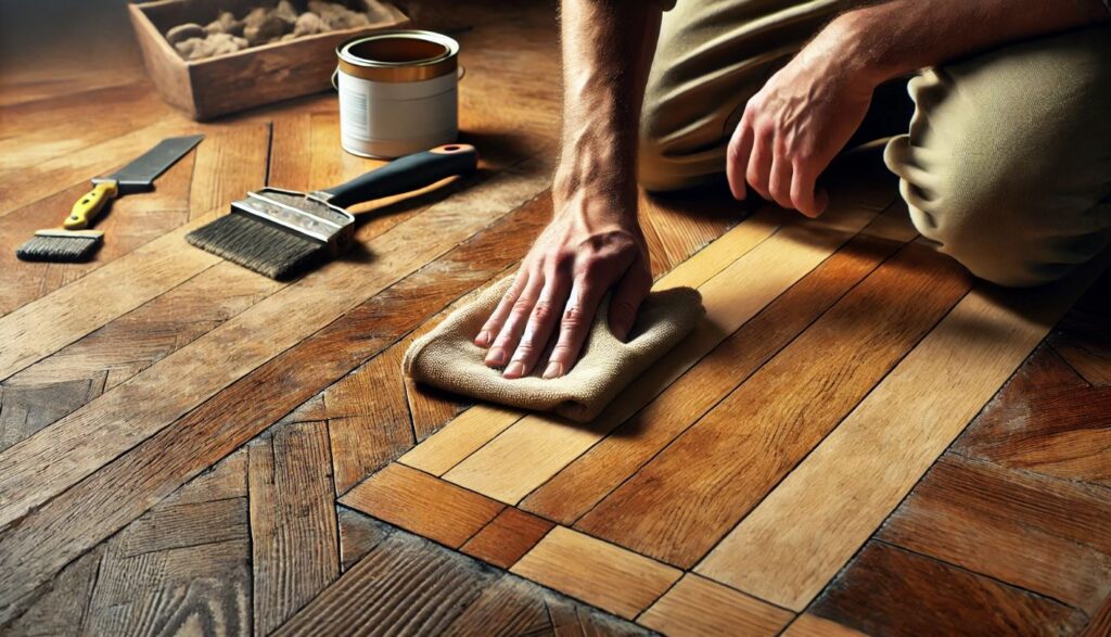 Un ouvrier rénove un parquet ancien en appliquant un vernis à l'aide d'un chiffon. Le contraste entre le bois usé et la partie restaurée est visible, avec des outils de rénovation à proximité.