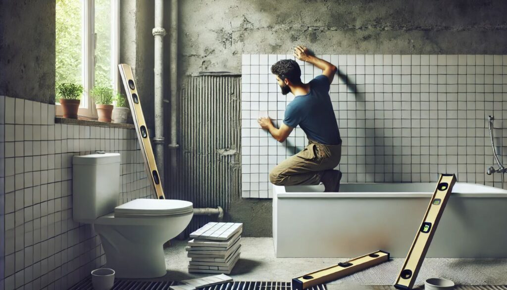 Un ouvrier en train de poser des carreaux blancs sur le mur d'une salle de bain en cours de rénovation. Le mur est encore brut avec des outils comme un niveau à bulle à proximité. La baignoire est déjà installée, illustrant les étapes de la rénovation d'une salle de bain.