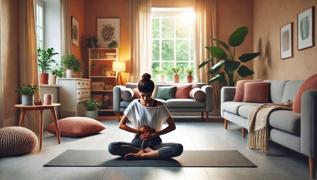 Personne pratiquant la respiration abdominale dans un espace calme et apaisant avec des plantes d'intérieur et une lumière douce. L'individu est assis en tailleur, concentré sur sa respiration, créant un environnement propice à la détente.