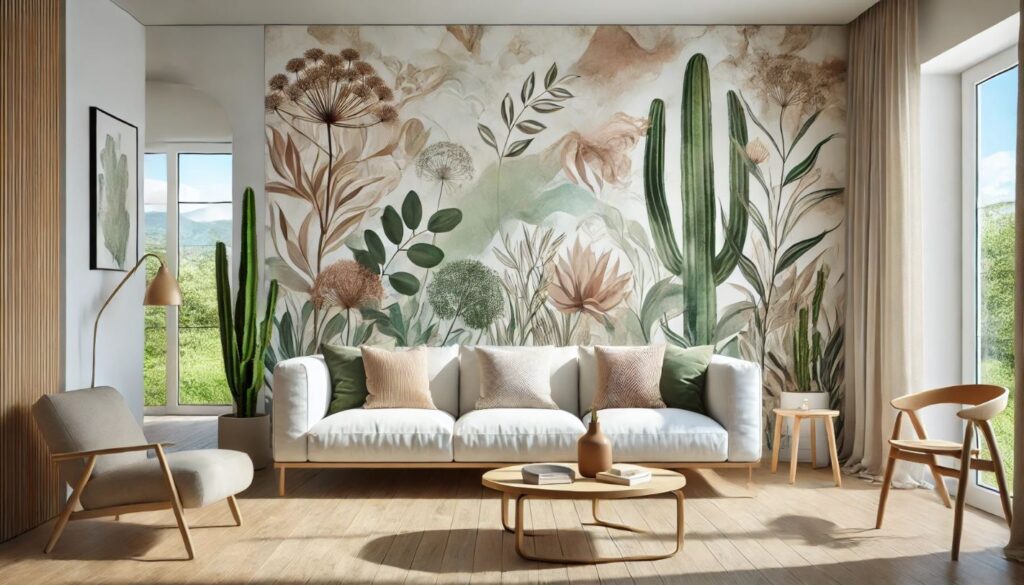 Intérieur lumineux avec un canapé blanc et un papier peint panoramique représentant des plantes et des cactus stylisés. Les meubles en bois, un fauteuil beige et des coussins dans des tons naturels créent un espace chaleureux et artistique.