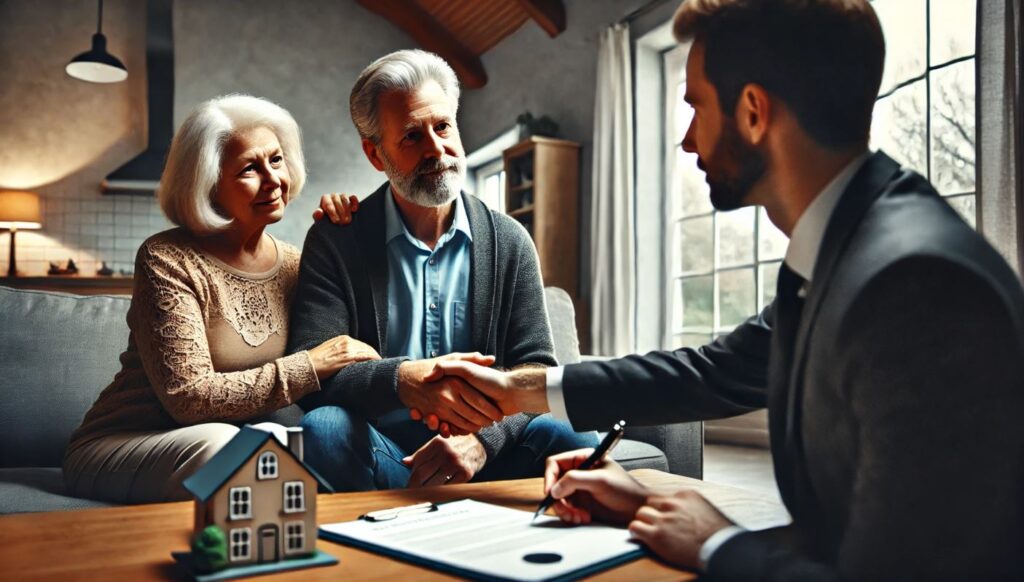 Un couple de seniors serre la main d'un agent immobilier lors d'un entretien portant sur la vente de leur maison en viager. Le cadre chaleureux et professionnel met l'accent sur la confiance et l'accord mutuels.