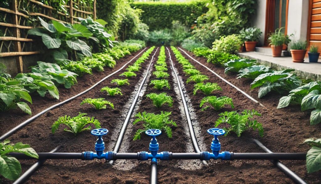 Un potager bien entretenu avec un système d'irrigation goutte-à-goutte. Des tuyaux d'arrosage noirs et des valves bleues délivrent de l'eau directement aux racines des plantes, optimisant l'irrigation dans ce jardin moderne et durable.