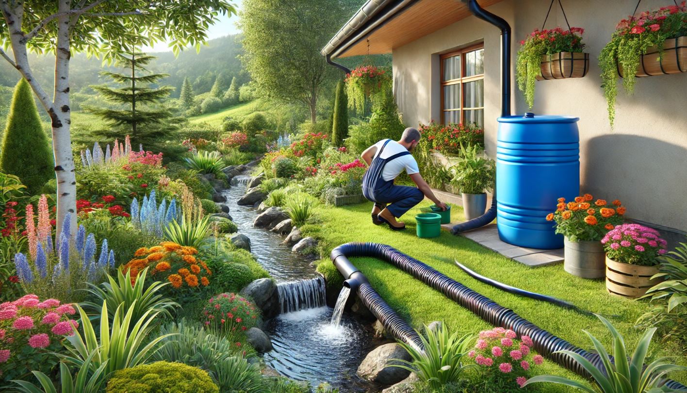 Un jardin écologique bien entretenu, avec un récupérateur d'eau bleu connecté à la gouttière de la maison. Le jardinier installe le système entouré de fleurs colorées et de verdure, illustrant des pratiques de jardinage durables.