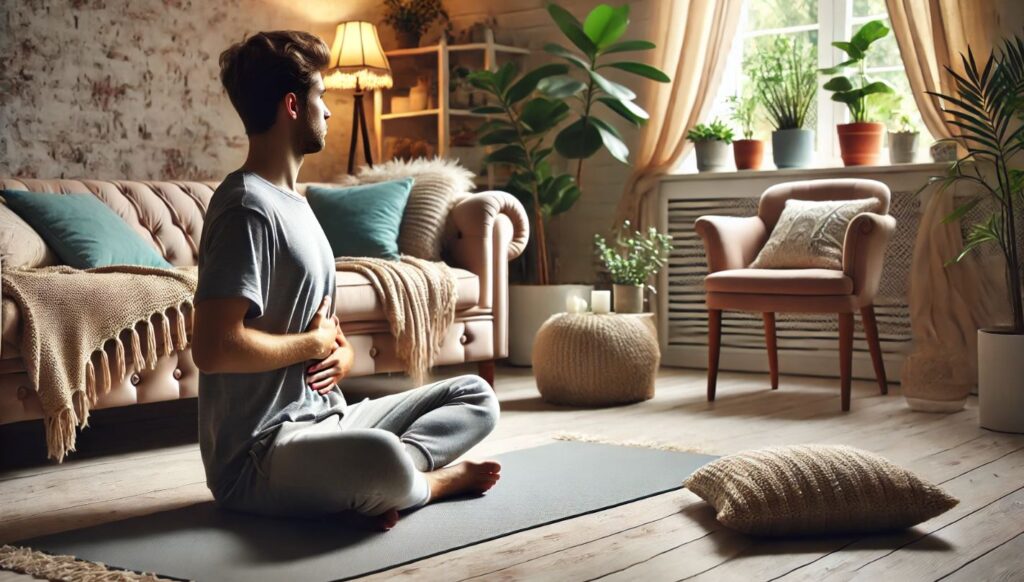 Un homme pratiquant la respiration abdominale dans un intérieur confortable avec des coussins, des plantes et une lumière tamisée. L'ambiance est chaleureuse et propice à la relaxation et à la réduction du stress.