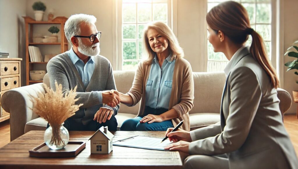 Un couple de seniors rencontre un agent immobilier pour discuter de la vente en viager. La poignée de main symbolise la confiance et l'environnement confortable souligne l'importance de la décision.